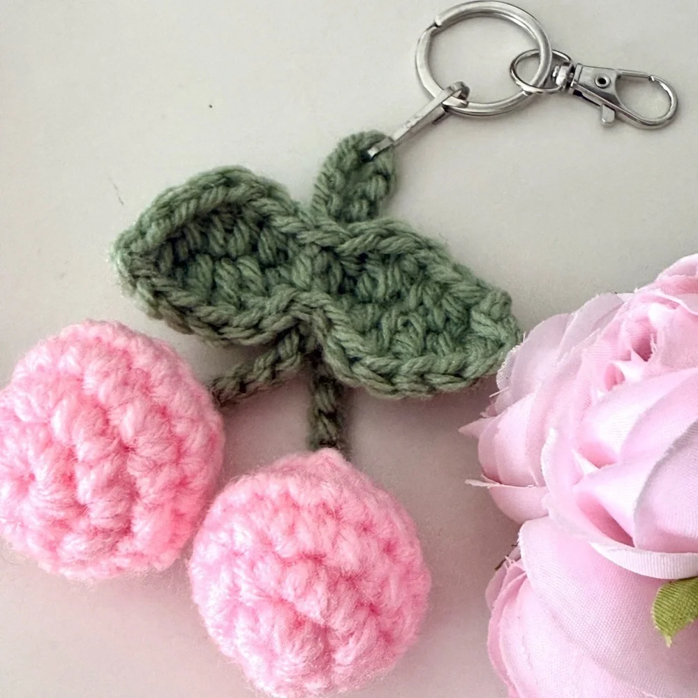 Handmade Crochet Cherry Keychain – Cute Pink Amigurumi Bag Charm - Picture 1 of 7
